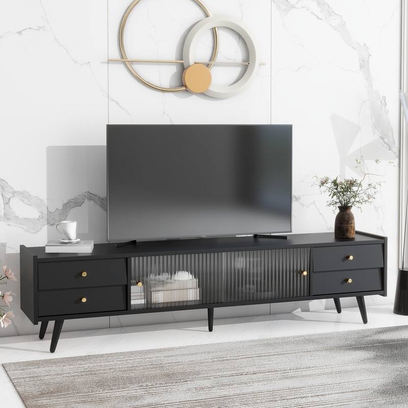 Contemporary TV Stand with Sliding Fluted Glass Doors,Chic Elegant TV